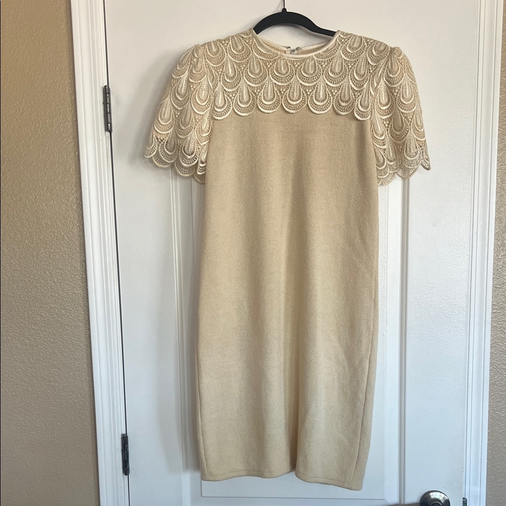 Vintage St. John beige knit dress with embroidered sleeves